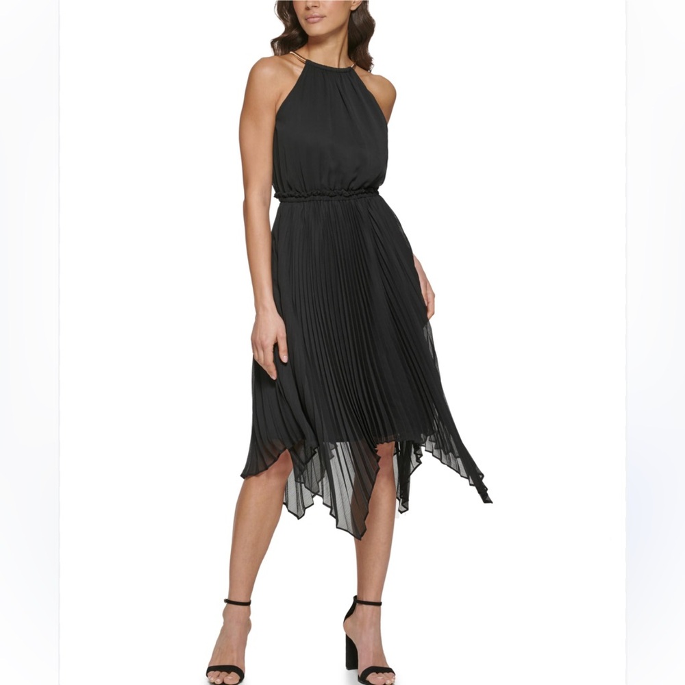 Kensie Sleeveless Halter Midi Dress Black Size 6 chiffon asymmetrical party NWOT